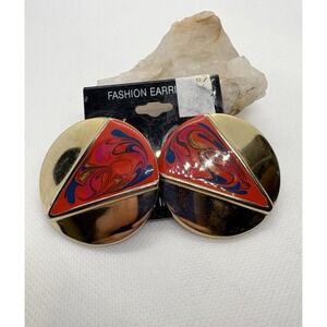 Vintage Gold Tone Red Swirl Enamel Statement Disc Earrings 80s 90s Hinged Retro‎